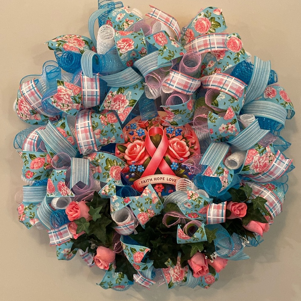 Faith Hope Love, breast cancer wreath